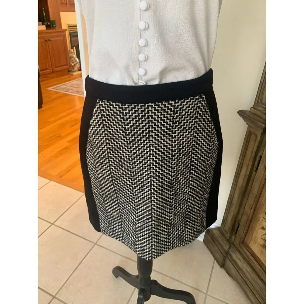 J. Crew Black Ivory Herringbone Zig Zag 100% Wool Mini Skirt